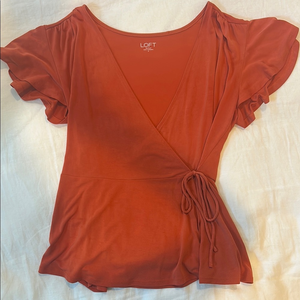 LOFT Rust Wrap Flutter-Sleeve Top